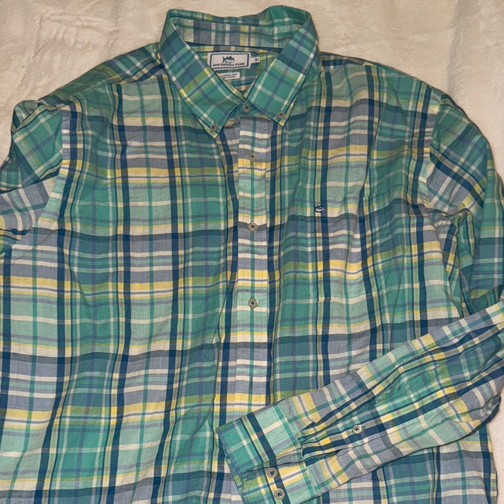 Southern Tide Blue and Green Plaid Button-Down Shirt